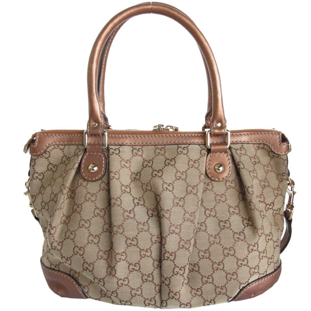 Gucci GG ze White Sukey Canvas Beige 2way Leather Shoulder Bron Bag White Tan